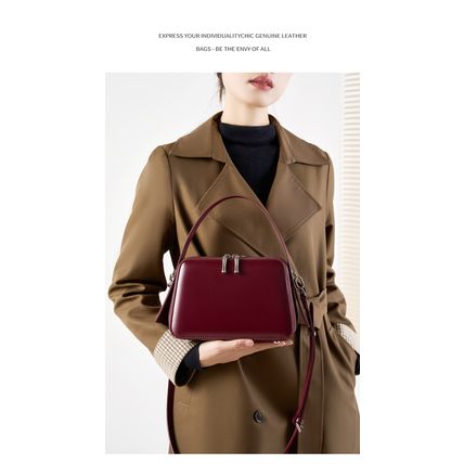 Genuine Leather Cute Tote Handbags Crossbody Bag with Long Strap Red