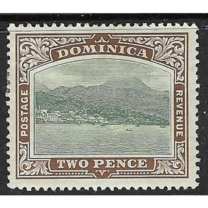 DOMINICA 1907-8 WMK CROWN CA SIDEWAYS 2d GREEN / BROWN MINT HINGED SG39