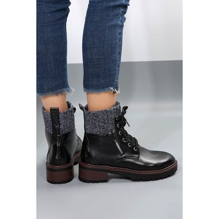Black Knitted Patched Lace-up Heeled Ankle Boots