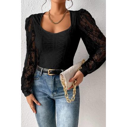 Black Frenchy Contrast Lace Bishop Sleeve Bodysuit
