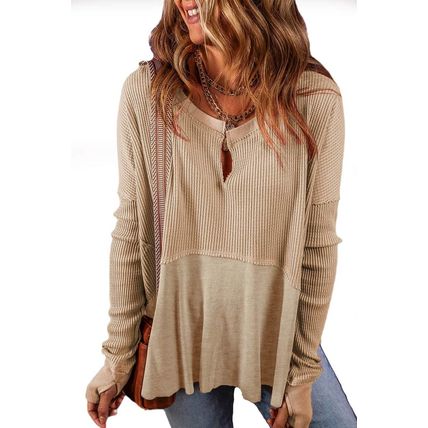 Light French Beige Exposed Seam Slit Neck Waffle Knit Patchwork Top