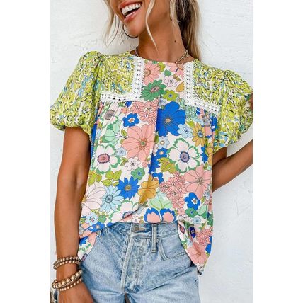 Green Bubble Sleeve Lace Trim Floral Mixed Print Blouse
