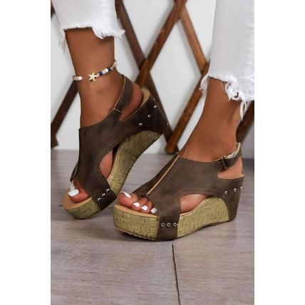 Chestnut Suede Patched Studded Cut Out Wedge Sandals