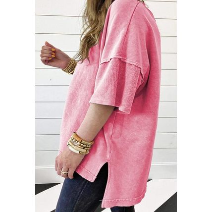 Strawberry Pink Mineral Wash Drop Sleeve Patchwork Plus Tee