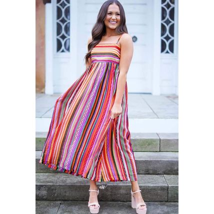 Multicolour Striped Thin Straps Smocked Back Boho Maxi Dress