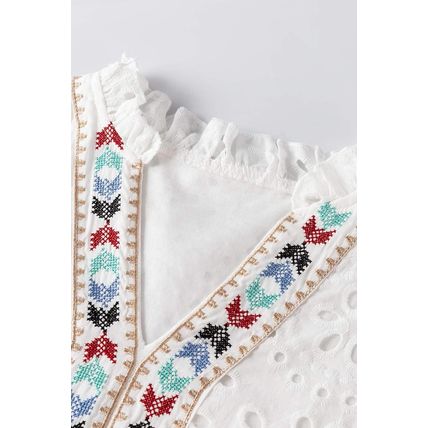 White Geometric Embroidery Hollow Out Blouse