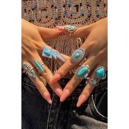 Silvery 8pcs Turquoise Inlay Western Ring Set