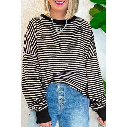 Black Stripe Loose Drop Shoulder Long Sleeve Top