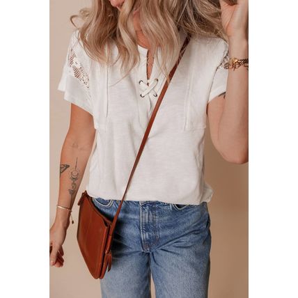 White Ribbed Texture Lace Patchwork Short Sleeve Top