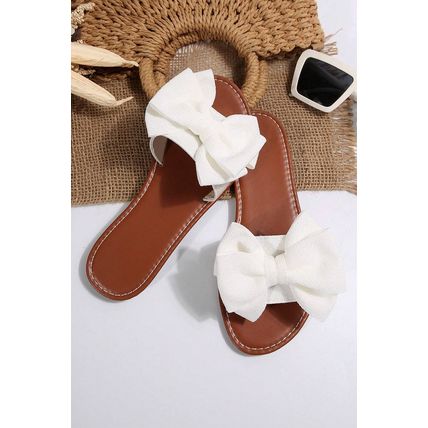 White Bow Knot Decor PU Leather Insole Flat Slippers