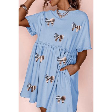 Sky Blue Star and Stripes Sequin Bow Patched T Shirt Babydoll Dress