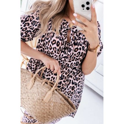 Brown Leopard Tied Front Keyhole Puff Short Sleeve Mini Dress