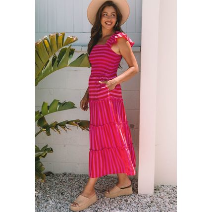 Rose Stripe Flutter Sleeve Smocked Bodice Tiered Maxi Dress