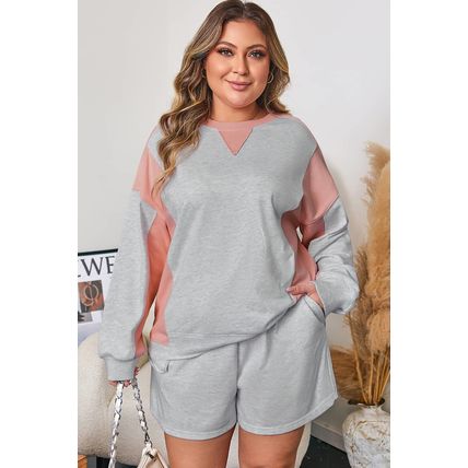 Light Grey Uneven Hem Colorblock Pullover Casual Shorts Plus Size 2pcs Outfit