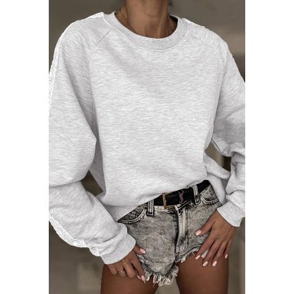 Light Grey Lace Patchwork Raglan Sleeve Crew Neck Sweatshirt