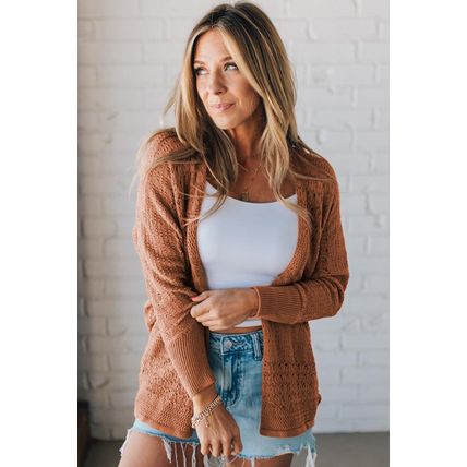 Redwood Burl Mix Pattern Hollowed Knit Open Front Cardigan
