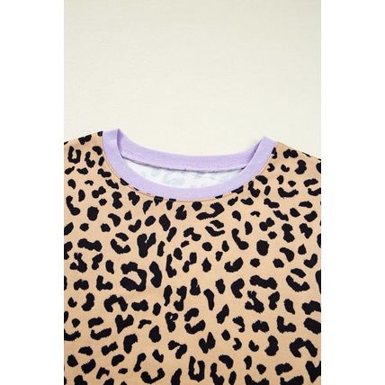 Purple Stripe Color Block Patchwork Leopard Casual Sweatshirt with Slits