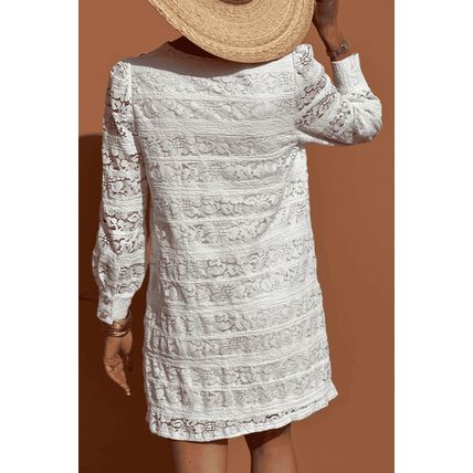White Lace Crochet Round Neck Puff Sleeve Shift Mini Dress
