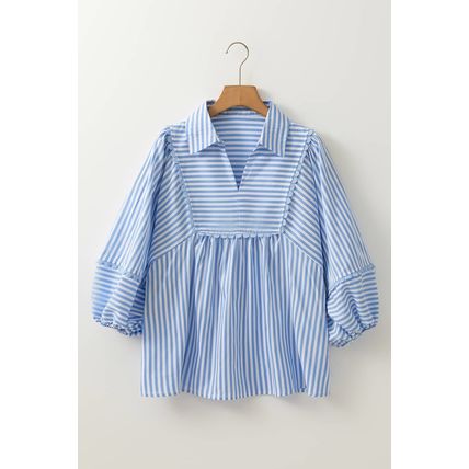 Sky Blue Stripe Shirt Collar V Neck Ricrac Trim 3/4 Puff Sleeve Blouse