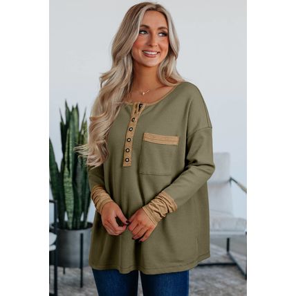 Vineyard Green Color Block Waffle Textured Tunic Henley Top with Slits