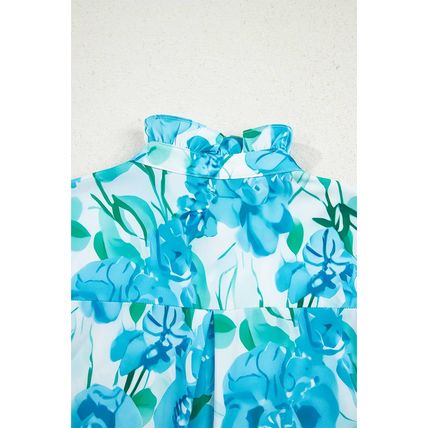 Green Floral Frilled Collar Three Quarters Sleeve Elegant Shirt