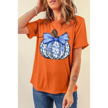 Orange Floral Pumpkin Bow Print Thanksgiving T Shirt