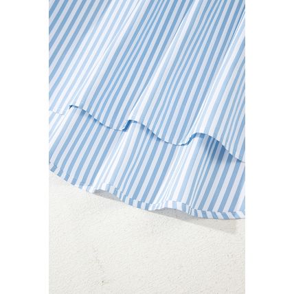 Sky Blue Stripe Shirred Detail Half Placket Collared Long Sleeve Fall Shirt