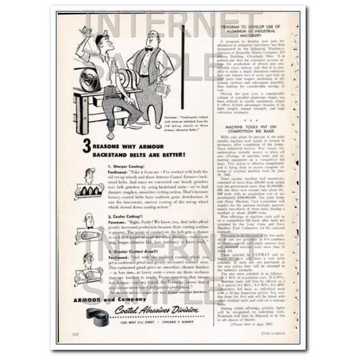 ARMOUR COMPANY 1948 better backstand coated abrasive belts vintage ad