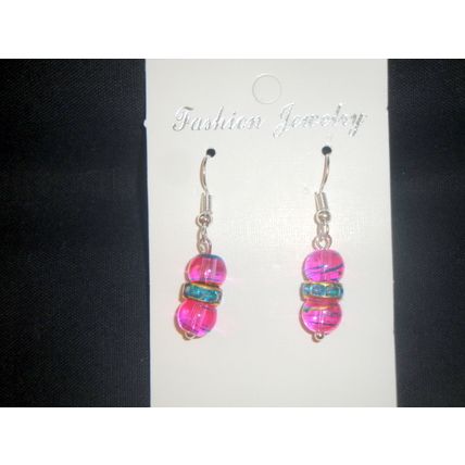Asian style turquoise & gold on round pink glass with FP crystal earrings