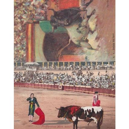 Bullfighting Madrid Stadium Bull Unleashed Being Killed Matador 2x Old Postcard