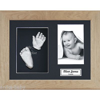 New Baby Casting Kit Gift Silver Hand & Feet Solid Oak Wooden Box 3D Frame