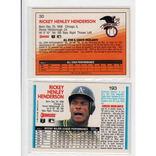 TWO 1992 Donruss Rickey Henderson cards- #193 #30- NM-Athletics