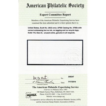U632c, 32¢ Entire All Colors Omitted Error With Normal APS Cert * Stuart Katz
