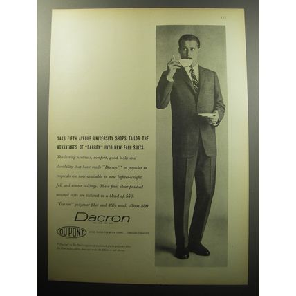 1957 Du Pont Dacron Suit Ad - Saks Fifth Avenue University shops tailor
