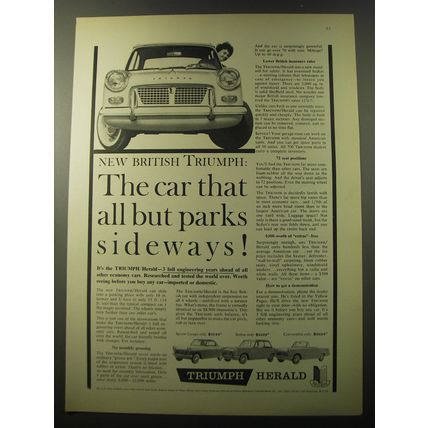 1960 Triumph Herald Car Ad - The Car that all but parks sideways