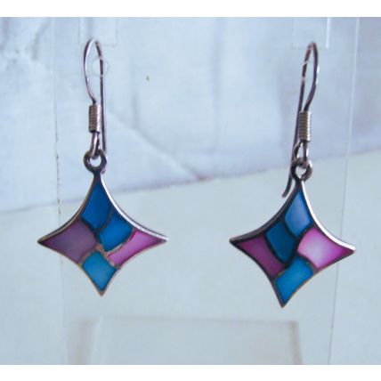 925 Earrings Mother-of-Pearl Pastel Pink & Blue Pierced Drops Sterling Silver