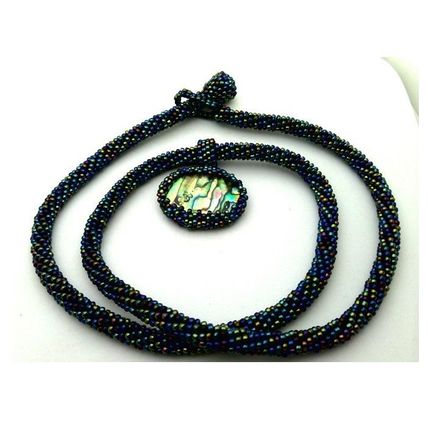 Black Rainbow Bead Crochet Rope Choker Paua Shell Pendant 2