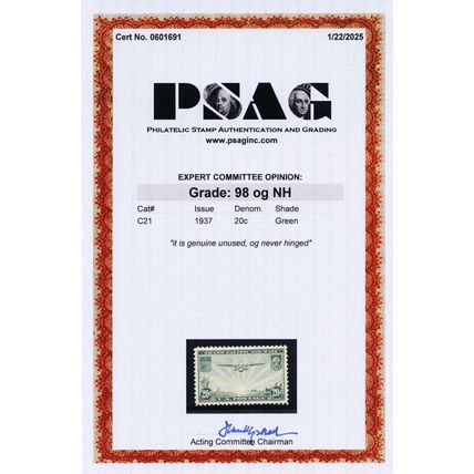 C21, Mint Superb NH 20¢ With Graded 98 PSAG Certificate * Stuart Katz