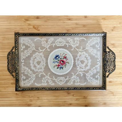 Vintage Petit Point Bedroom Vanity Tray, Brass Filigree, Embroidery, Antique