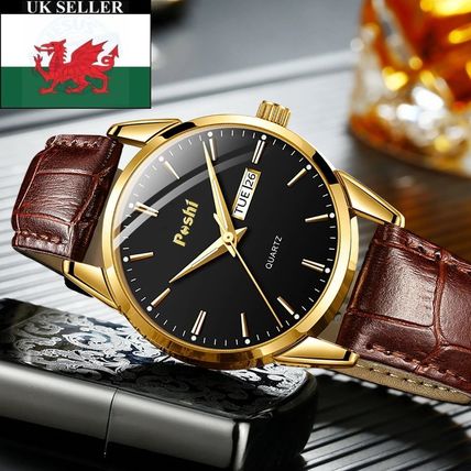 Gents Day & Date Black Face Steel Back Brown Leather Strap Watch