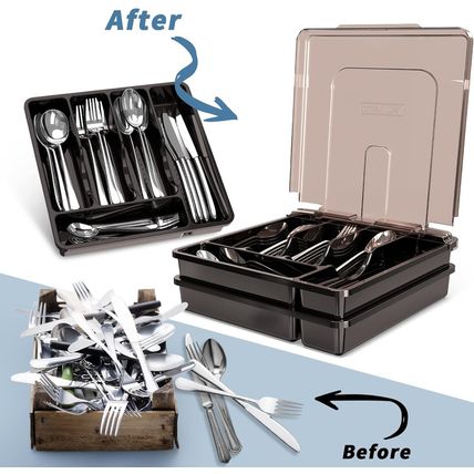 2 Layer Large Silverware Tray with Lid,Stackable Utensil Organizer for Counterto