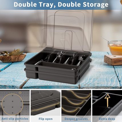2 Layer Large Silverware Tray with Lid,Stackable Utensil Organizer for Counterto