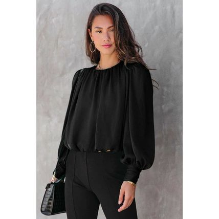 Black Padded Shoulder Buttoned Cuffs Pleated Loose Blouse
