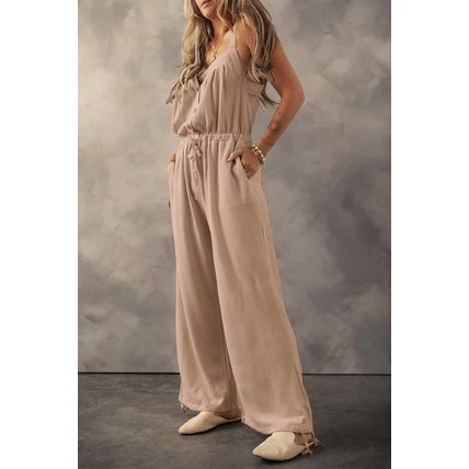 Pale Khaki Knotted Straps Button Textured Drawstring Jumpsuit