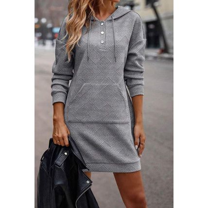 Gray Textured Kangaroo Pocket Drawstring Hooded Mini Dress