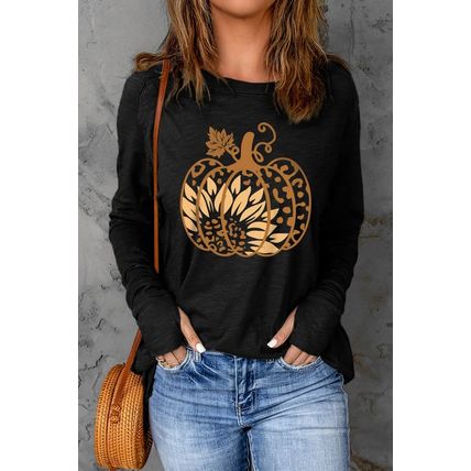 Black Sunflower Pumpkin Graphic Thumbhole Sleeve Top
