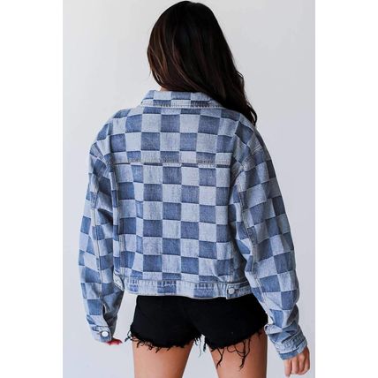 Light Blue Checkered Patchwork Button up Denim Jacket