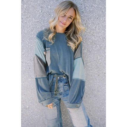 Dusk Blue Colorblock Stitching Patchwork Buttoned Long Sleeve Top
