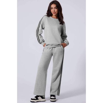 Light Grey Solid Color Side Striped Sweatshirt Active Set