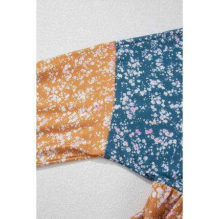 Orange Floral Color Block Ruffled Hem Round Neck Blouse